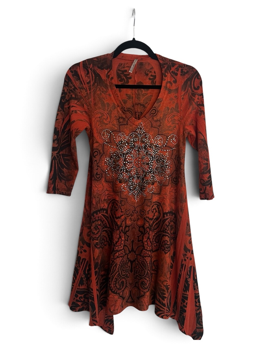 Yahada Y2K Boho Paisley Tunic Dress Rhinestone Embellished Fairy Gypsy M